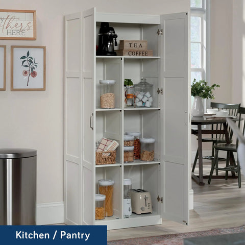 White Finish Double Door Storage Cabinet With Adjustable Shelves For Pantry Kitchen Or Home Office Sleek Space Saving Organizer with open doors showing shelves filled with kitchen items.