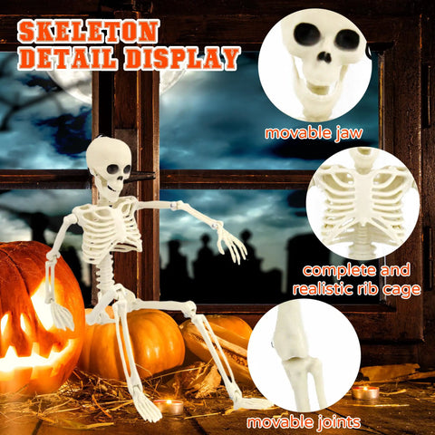 Two 15.7 Inch Hanging Skeleton Decorations with movable joints and jaw, set against a Halloween backdrop with pumpkins.