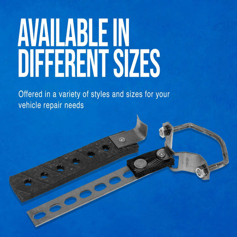 Universal Fit Exhaust System Hanger for Cars, Trucks, and SUVs in different sizes and materials displayed on blue background.