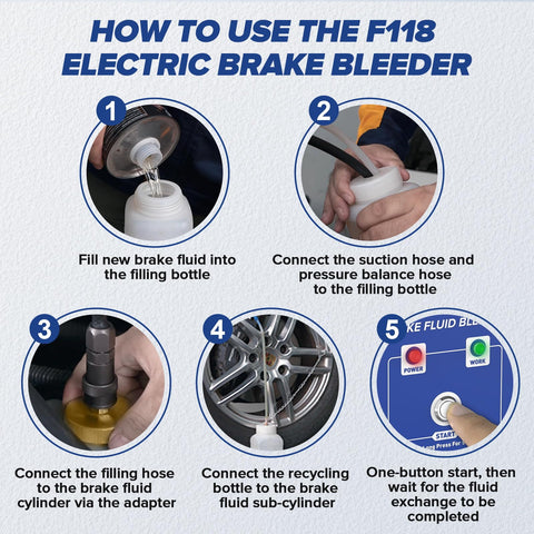 F118 Electric Brake Bleeder Kit 110V Automotive Brake Fluid Exchanger Machine With 7 Master Cylinder Adapters For Honda Toyota Pulsating System Prevents Air Bubbles Fast Fluid Replacement DIY Garage Tool