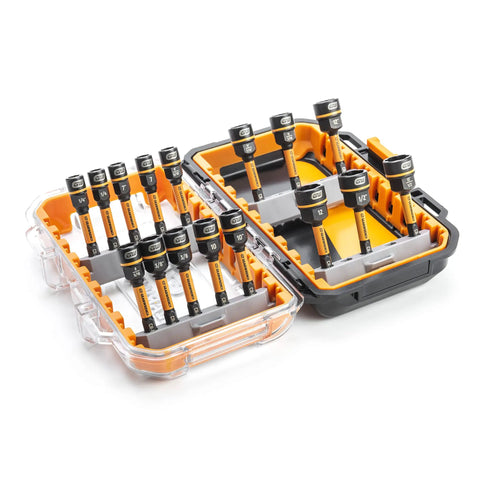 16 Piece Bolt Biter Nut Extractor And Driver Set With Beefy Bi Directional Removal For Damaged Fasteners, open case, top view.