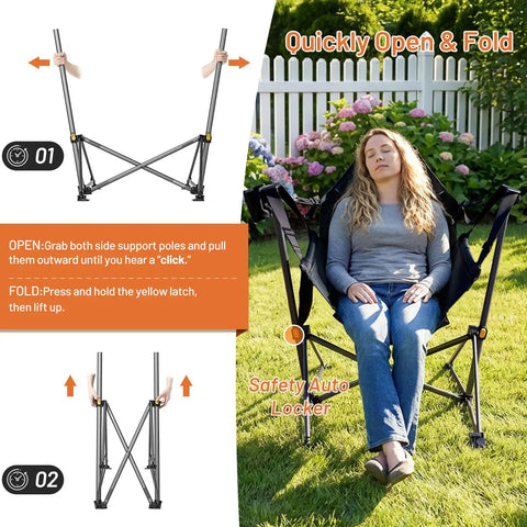 Heavy Duty Folding Hammock Chair With Adjustable Backrest For Camping, Travel, And Patio; foldable steel frame setup guide.