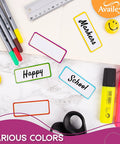 Color Border Magnetic Dry Erase Labels 48 Piece Bulk Pack Reusable Magnetic Strips For Classroom Home Office Garage Refrigerator Locker Shelf Organization shown with markers, highlighters, and stationery.
