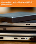 Close-up of 2TB Portable External Hard Drive with USB C and USB A for Windows Mac Chromebook Consoles and Mobile Devices Plug and Play Convenience.
