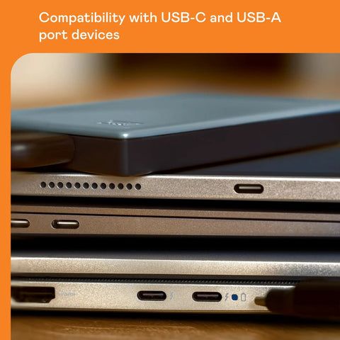 Close-up of 2TB Portable External Hard Drive with USB C and USB A for Windows Mac Chromebook Consoles and Mobile Devices Plug and Play Convenience.
