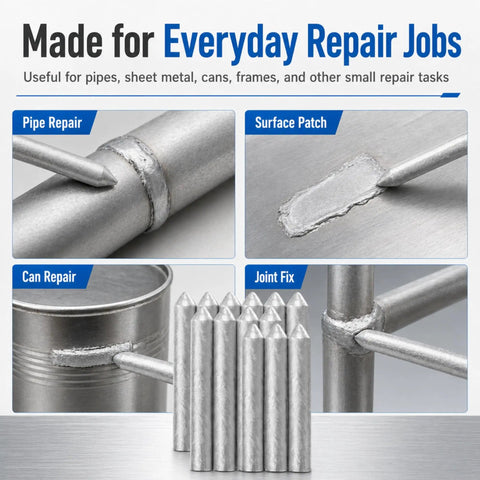 Low Temperature Universal Welding Rods For Metal DIY Friendly Easy Weld Tin Powder Alloy For Copper Iron Aluminum Stainless Steel Water Tanks PVC Pipes 20 Pieces displayed with repair examples