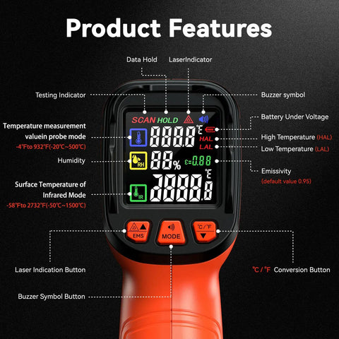 Infrared Thermometer Gun With Digital Readout And K Type Probe 50 To 1 Pyrometer For Kiln Forge Furnace Heavy Duty Industrial Use
