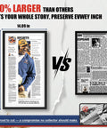 Comparison of newspaper display frame sizes showing larger dimensional fit preserving full content with premium wood and acrylic panel