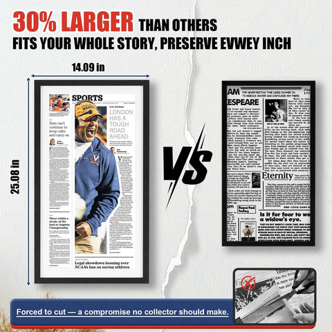 Comparison of newspaper display frame sizes showing larger dimensional fit preserving full content with premium wood and acrylic panel