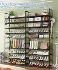 Tall 40-Pair Shoe Rack Organizer, 10-Tier Shelf For Entryway Closet, filled with sneakers, boots, and heels in room setting