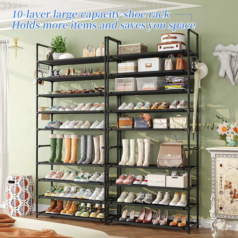 Tall 40-Pair Shoe Rack Organizer, 10-Tier Shelf For Entryway Closet, filled with sneakers, boots, and heels in room setting