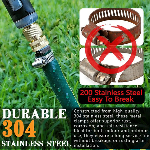 Plumbing Hose Clamp Kit With Stainless Steel Clips And Metal Strap, Heavy Duty 185-Piece Set, hose in grass with clamps