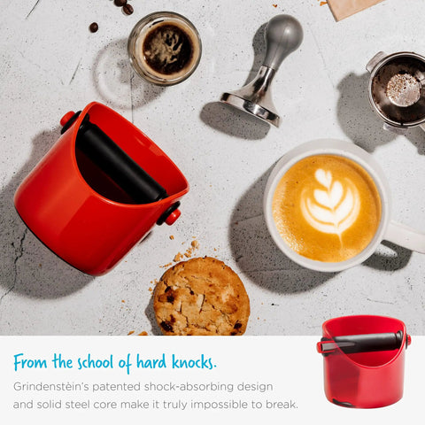 Grindenstein Espresso Knock Box Sturdy Compact Space Saving Kitchen Sidekick Red Durable Rubber Sleeve Protects Handle