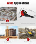 52Cc Gas Jack Hammer With 2.4Hp Two Stroke Engine Plus Two Steel Picks, Straight Up Demolition Beast in action at construction site.