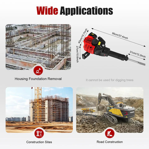 52Cc Gas Jack Hammer With 2.4Hp Two Stroke Engine Plus Two Steel Picks, Straight Up Demolition Beast in action at construction site.
