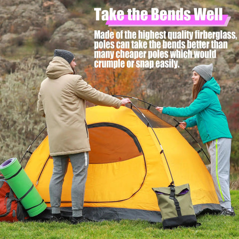 Two people setting up a yellow tent using Fiberglass Tent Pole Replacement Kit 12 Ft Pre Assembled Black Outdoor Tent Pole for Hiking and Camping