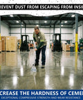 Person applying Heavy Duty Penetrating Concrete Sealer And Hardener For Garage Driveways And Basements Delivers Rock Solid Protection And No Sweat Application In A 20 Oz Liquid Formula To Kick Stains And Wear on a warehouse floor.