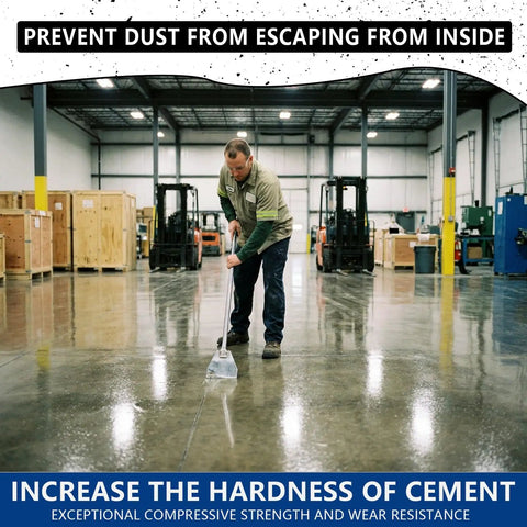 Person applying Heavy Duty Penetrating Concrete Sealer And Hardener For Garage Driveways And Basements Delivers Rock Solid Protection And No Sweat Application In A 20 Oz Liquid Formula To Kick Stains And Wear on a warehouse floor.