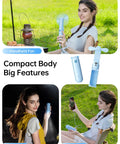 Woman using Power Bank Handheld Fan With 4500mAh Battery Folding Personal Fan for USB or Battery Power 3 Speeds Ultra Portable