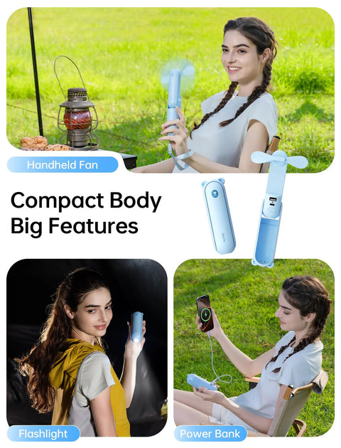 Woman using Power Bank Handheld Fan With 4500mAh Battery Folding Personal Fan for USB or Battery Power 3 Speeds Ultra Portable