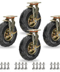 Heavy Duty Air Filled Pneumatic Rubber Casters Swivel And Fixed With Locking Brake Dual Ball Bearing, set of four with mounting bolts.