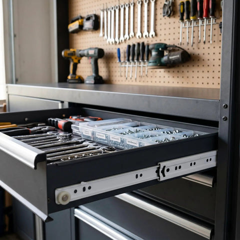 Tough As A Bull Heavy Duty 6 Pair 16 Inch Bottom Mount Drawer Slides Featuring Hella Smooth Self Closing Action Rust Resistant White Powder Coated Steel Tracks For Kitchen Or Bath Setup with organized tools in a workshop drawer.