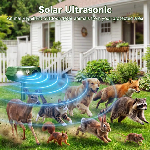 Motion Sensor Ultrasonic Outdoor Animal Deterrent With LED Strobe Lights For Cats, Dogs, Deer, Fox, Raccoon, Squirrel, Skunk And Rabbit For A No Fuss Lawn Yard Wildlife Repeller 2 Pack on garden stake