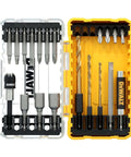 Front view of DEWALT 20-piece Rapid Load screwdriver bit set in yellow and clear cases, metal bits visible