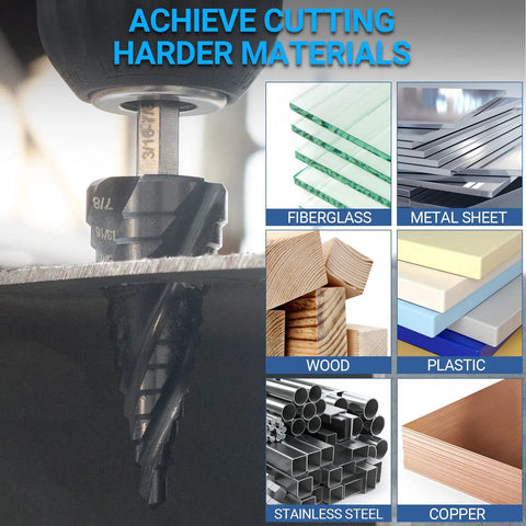 Image of Four Spiral Flute Cobalt Step Drill Bit Set 1/8 to 7/8 Inch in use with metal and other materials shown, demonstrating versatility.