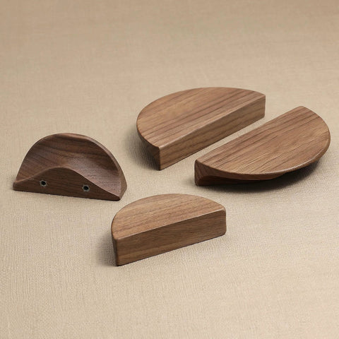 Walnut Wood Circular Cabinet Drawer Pulls Four Pairs Round Wood Grain Handles, side view showing wood texture and single hole mount