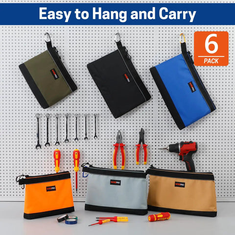 6 Pack Zipper Tool Pouches Set For Small Hand Tools And Hardware hanging on pegboard with tools