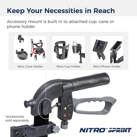 Accessory mount for Heavy Duty Tall Rollator Walker With Comfy Seat Straight Up Built Tough Aluminum Frame Supports 350 Pounds.