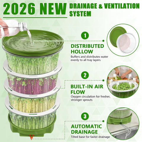 4-Tier Sprouts Growing Kit With Drain Hose And Ventilation Holes showing stackable trays and drainage features