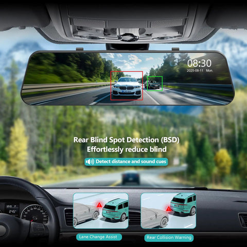 12 Inch 4K Front And Rear Mirror Dash Cam With Crystal Clear Night Vision And Parking Monitor, App WiFi, GPS displayed in car