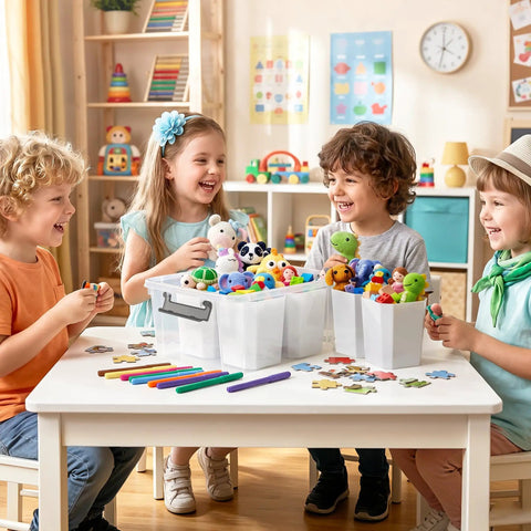 Children playing with clear plastic storage bins filled with toys, illustrating the product Clear Plastic Storage Bins With Lids 17 Qt Set, Multipurpose Stackable Containers For Organizing Tools, Craft Supplies, Crayons And More In A Handy Box System.