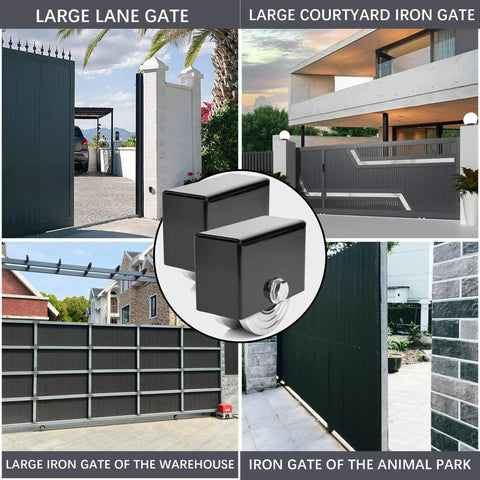 2 Pack 4 Inch V Groove Gate Wheels With Welded Brackets, showcased among large gates, highlighting heavy duty sliding gate rollers.