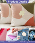 Iron On Patch Kit With 30 Multicolor Patches on cushions and use on jeans, showing ease of application and machine washing.