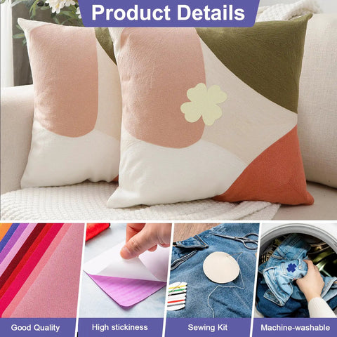 Iron On Patch Kit With 30 Multicolor Patches on cushions and use on jeans, showing ease of application and machine washing.