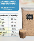 Two Pack Extra Large 9.5L Food Storage Canisters With Airtight Lids For Flour Sugar Rice Cereal Pasta BPA Free Leakproof Bulk Containers For Kitchen Pantry Organization shown with ingredients capacity chart