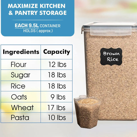Two Pack Extra Large 9.5L Food Storage Canisters With Airtight Lids For Flour Sugar Rice Cereal Pasta BPA Free Leakproof Bulk Containers For Kitchen Pantry Organization shown with ingredients capacity chart