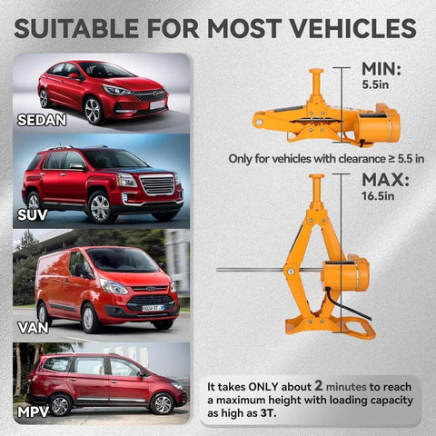 Image showing vehicles compatible with Electric Scissor Car Jack Kit 3 Ton 12V Portable Auto Lift With 17.7 Inch Lift Range.