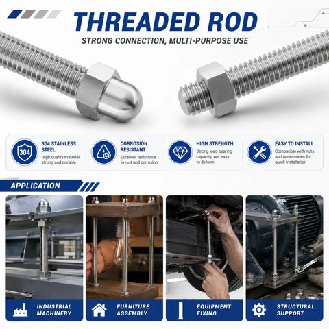 Heavy Duty M3 Threaded Rods Cutting 10 Inches In 304 Stainless Steel with hex nuts shown in workshop applications.