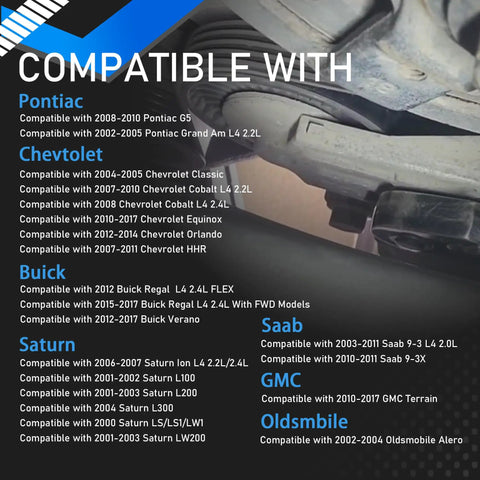 Compatibility chart for Serpentine Drive Belt Tensioner Kit Replacement For GM Vehicles Including Chevy Cobalt Equinox Orlando HHR Classic Pontiac Saturn Ion Buick Saab GMC Terrain Replaces 5PK1030 24430296 38177 12634319.