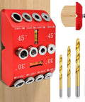 Heavy Duty Angle Drill Guide Jig With Integrated Bubble Level And Four Titanium Bits For Dead Accurate 30 45 And 90 Degree Precision on wooden post.