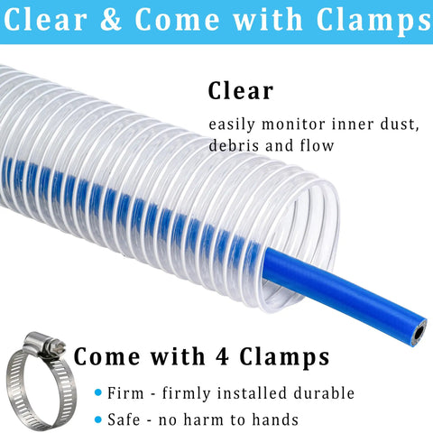 Close-up of 2 Inch By 10 Foot Clear PVC Dust Collection Hose With Carbon Steel Wire, visible blue inner layer and clamp, puncture resistant.