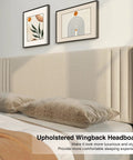Prime Queen Bed Frame With Plush Wingback Headboard And Heavy Duty Steel Base For Ultimate Lounge Comfort And Durable Support To Kick Back And Rock Your Bedroom Setup, featuring a beige upholstered wingback headboard.