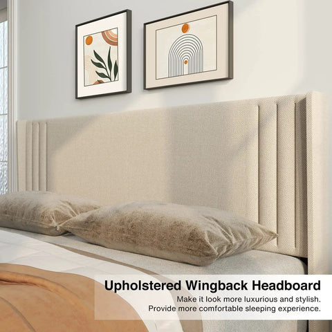 Prime Queen Bed Frame With Plush Wingback Headboard And Heavy Duty Steel Base For Ultimate Lounge Comfort And Durable Support To Kick Back And Rock Your Bedroom Setup, featuring a beige upholstered wingback headboard.