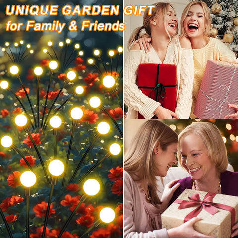 Solar Garden Lights Outdoor 4 Pack Firefly Swaying Lights Waterproof Garden Decor For Yard Patio Pathway Lawn Cozy Night Vibe Ambiance Easy Install Perfect Gardening Gift For Women Christmas Decoration glowing among flowers in a yard.