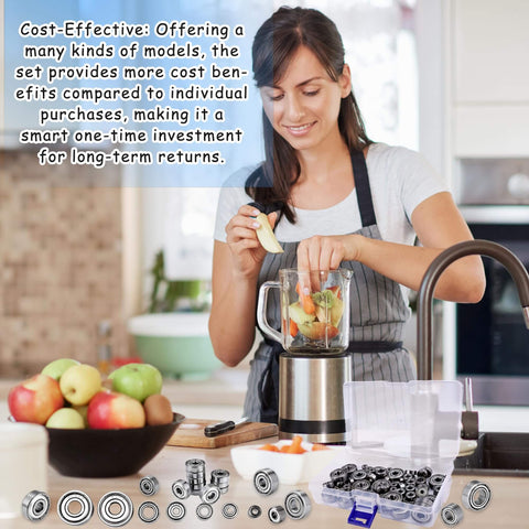 Woman using a blender in a kitchen with 70-Piece Sealed Ball Bearing Assortment Kit 608ZZ 693ZZ 623ZZ and storage box on counter.