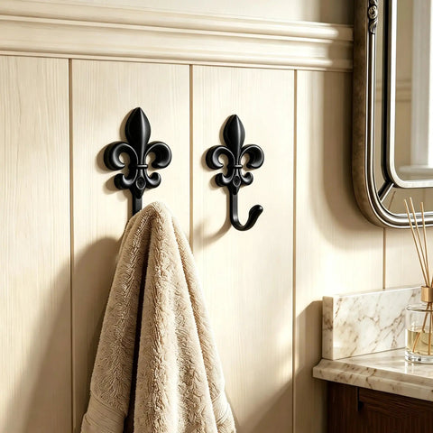 Top Shelf 2 Pack Black Wall Hooks for Kitchen and Bathroom, Vintage Farmhouse Decor, Heavy Duty and Sturdy Coat and Towel Hooks with Classic Matte Finish that brings Badass Charm to any Room, displaying towel.
